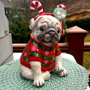 NWT Blue Sky Clayworks Christmas Pug wearing sweater & Candy-cane antlers.